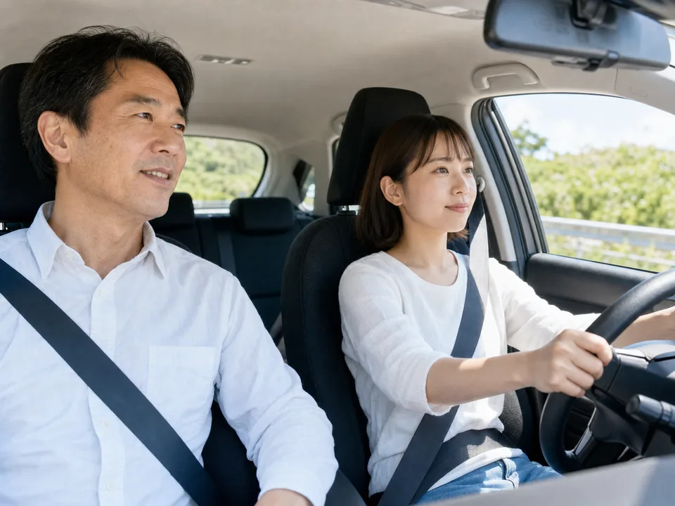 教習車で指導員と技能教習を受ける様子