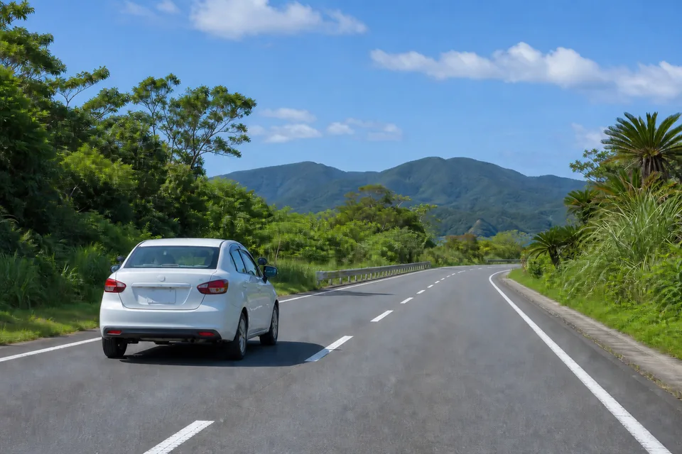 奄美の緑に囲まれた道路を走る白い教習車